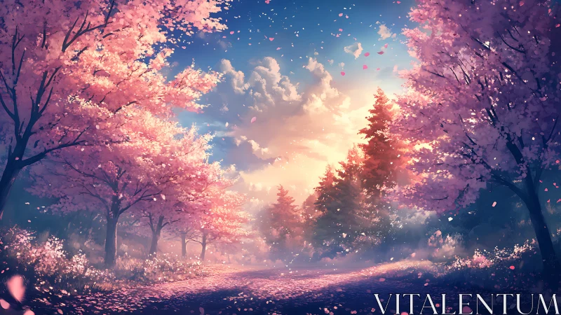 Soft springtime path drifts into dreamy, petal lit sunset