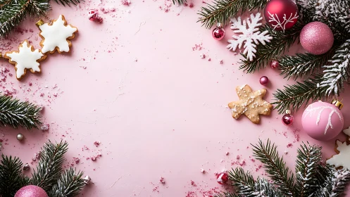 Pink Christmas background holds cookies and evergreen decor
