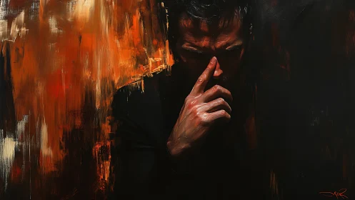 Chiaroscuro portrait isolates pensive male figure with gestural brushwork