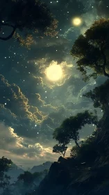 Night sky with luminous clouds above forested hillside.