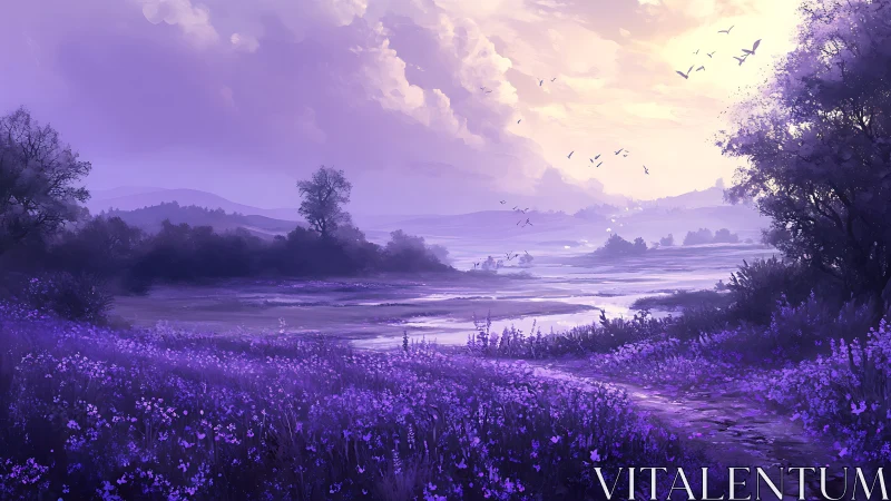 Lavender valley landscape glows under soft violet sunrise