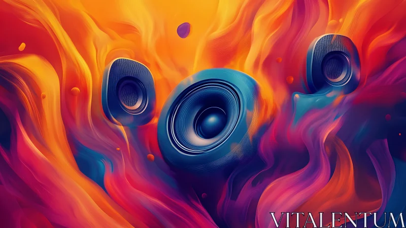Vibrant speakers dancing in swirling waves of glowing sound.
