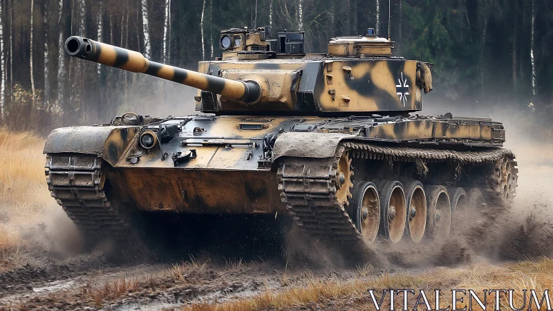 German main battle tank advancing through muddy forest trail.