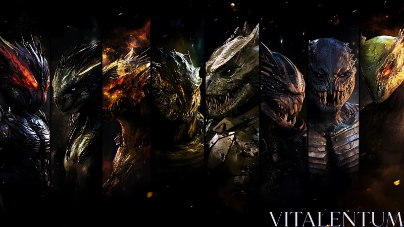 Armored alien beasts glare through burning shadows of war