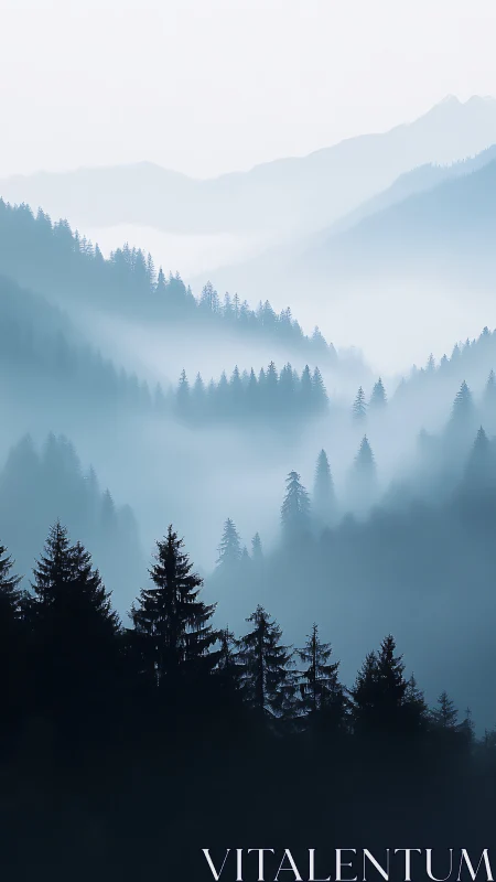 Layered Atmospheric Landscape with Coniferous Silhouettes and Volumetric Mist Depth