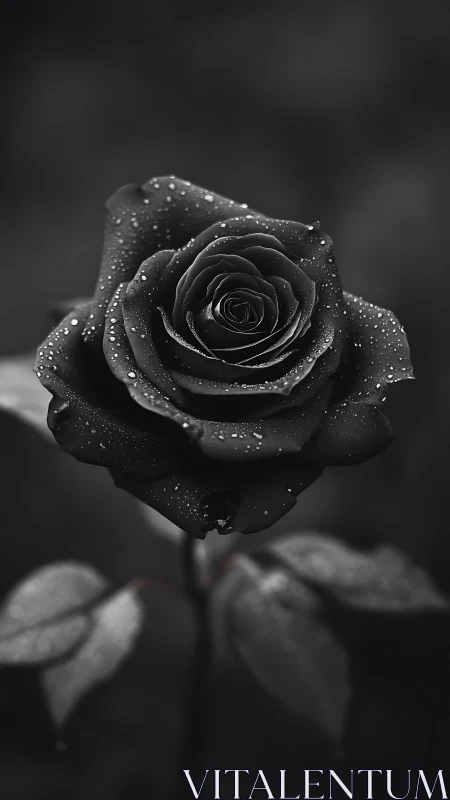 Monochrome macro study of dew-laden black rose bloom.