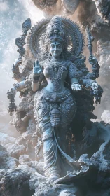 Multi-armed stone deity figure amid dense cloudlike forms.