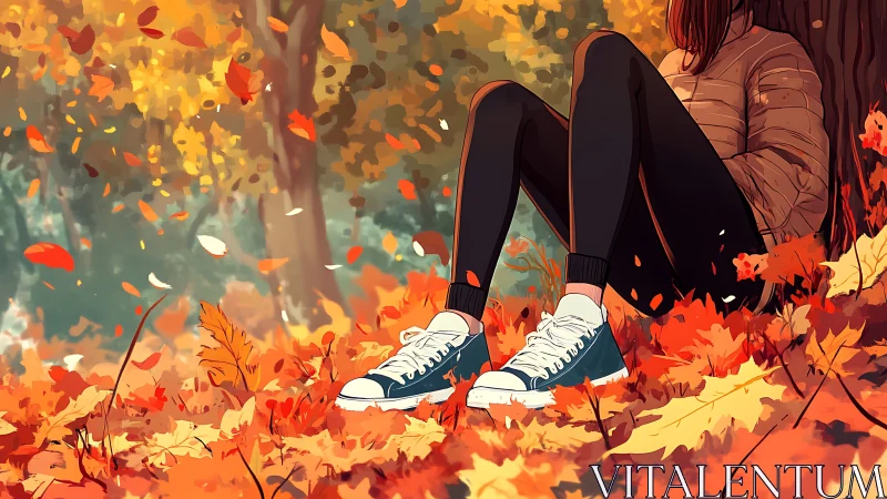 Quiet autumn afternoon with falling leaves and blue sneakers.
