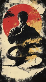 Martial artist silhouette with coiled serpent and sun.