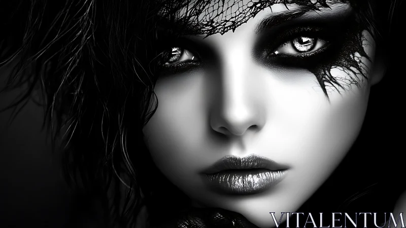 Monochrome gothic portrait of woman with lace mask.