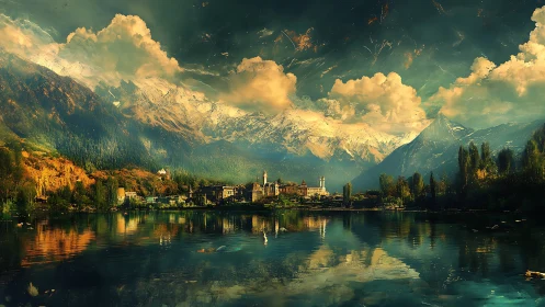 Lakeside alpine town under dramatic cumulus and snow peaks