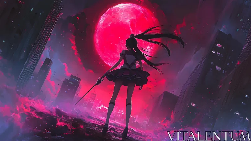 Silhouetted anime girl confronts red moon above burning city