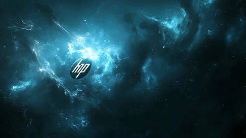 Nebula-lit logo drifting through a deep teal cosmos.