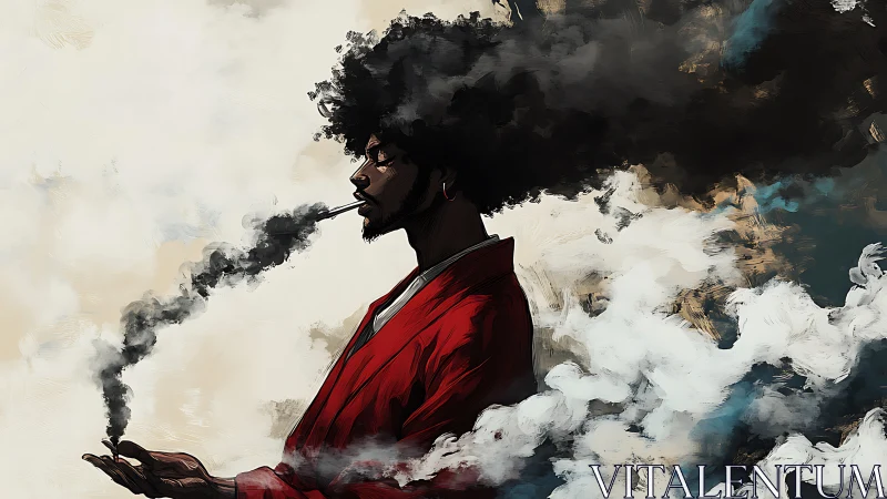 Smokelike afro crowns solitary smoker in crimson robe.