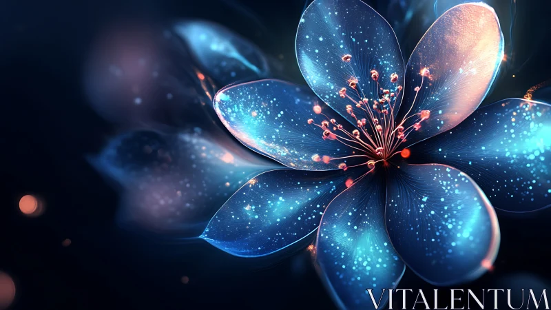 Glowing blue digital flower renders with luminous particle detail