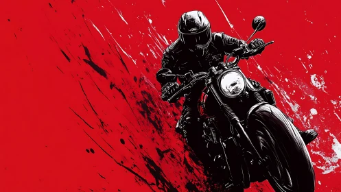 Motorcycle comet slices through red night in inky velocity