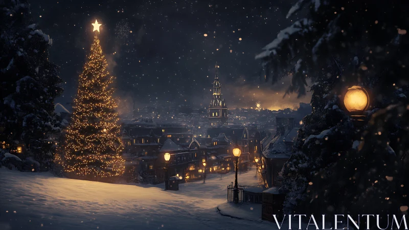 Snowy town square shows large lit Christmas tree at night