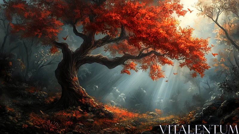 Autumnal red maple tree with god rays in misted forest glade