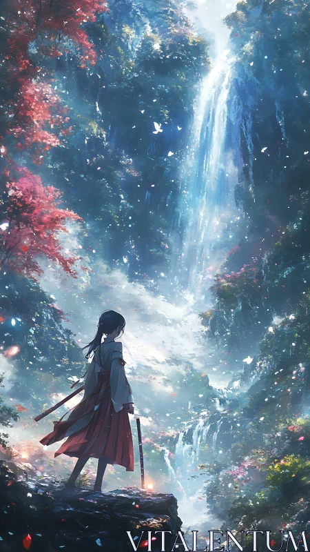 Samurai girl contemplates a misty waterfall in a dreamlike gorge