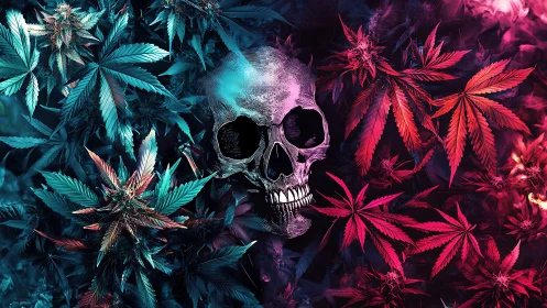 Chromatic cannabis foliage with central engraved skull motif.
