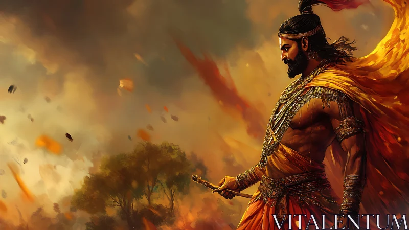 Warrior prince strides through burning battlefield sky