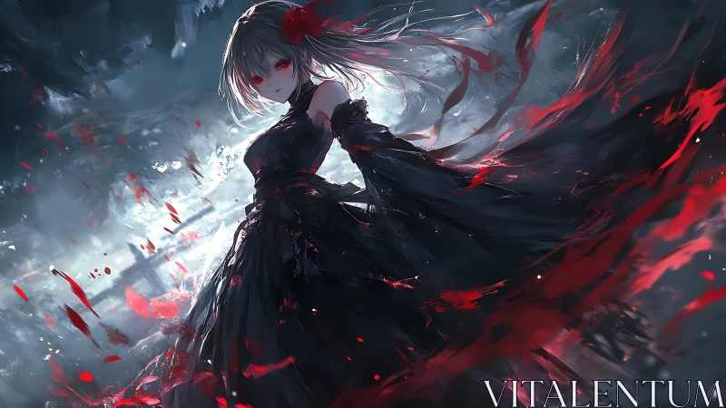 Female figure in black dress amid red abstract fragments.