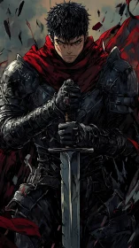 Armored warrior grips greatsword amid dynamic red cloth fragments