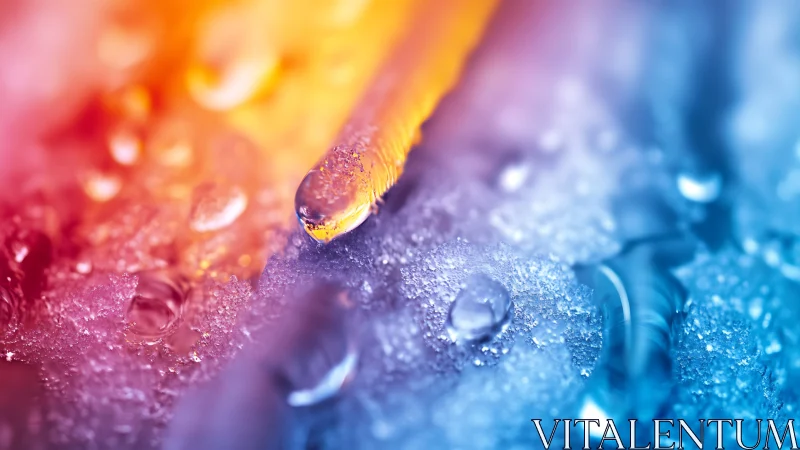 Colorful macro of water droplets on textured surface.