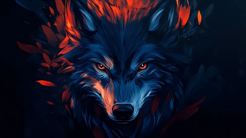 Neon blue wolf head burns through dark abstract void.
