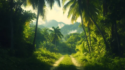 Tropical jungle pathway through palm grove with mountains.