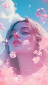 Dreamy pastel portrait in a cloud of floating blossoms.