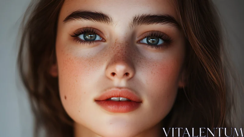 Soft-lit portrait highlights freckled skin and vivid eyes.