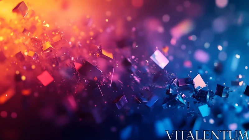 Abstract digital art of floating glass shards in vivid colors.