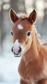 Chestnut foal portrait in snowy outdoor winter setting.