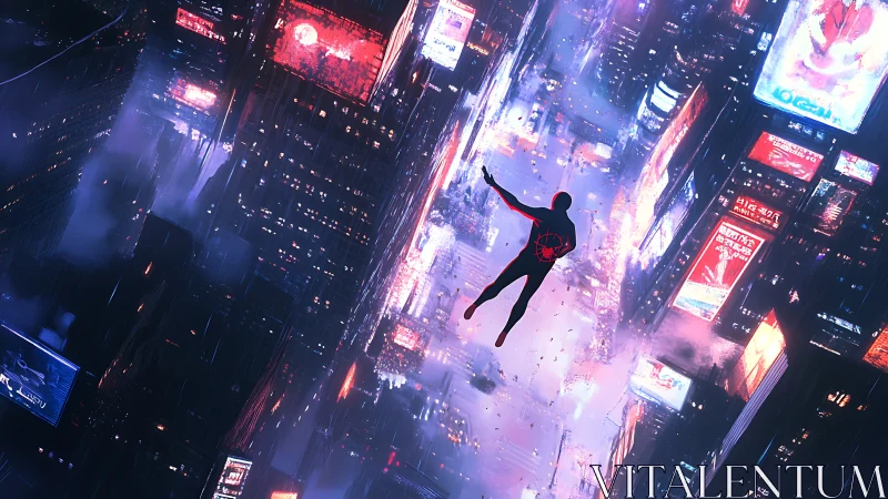 Silhouetted hero gliding through neon drenched city lights.