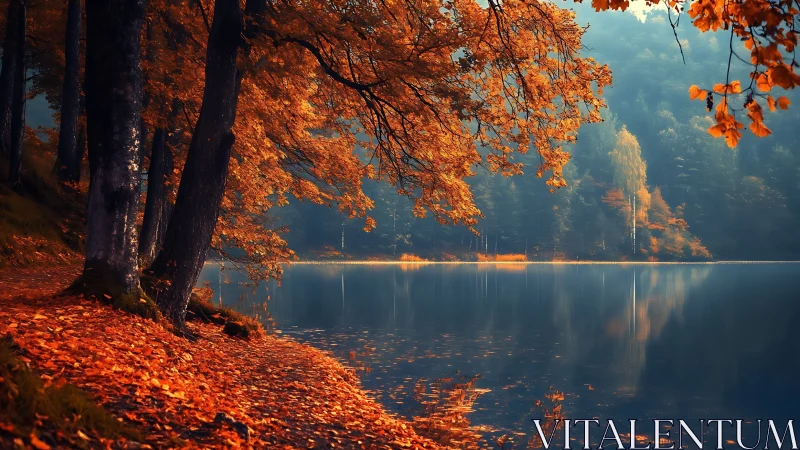 Autumnal lakeside canopy with mirrored foliage reflections.