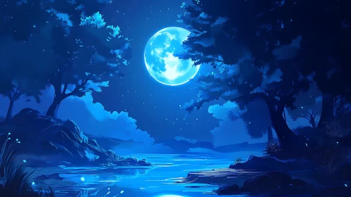 Moonlit forest river glows under deep midnight sky.