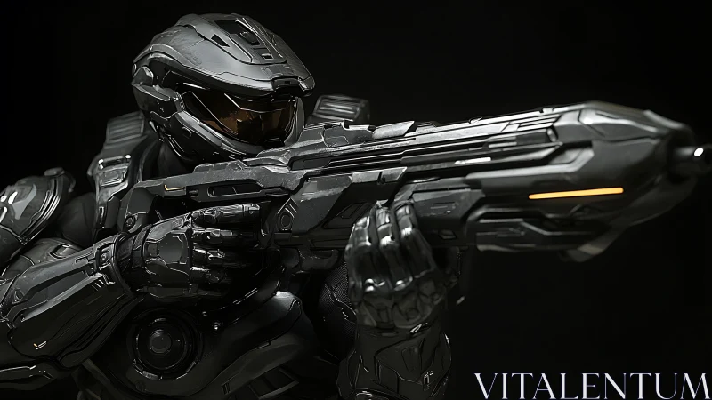 Armored sci fi soldier aiming rifle in dark environment.