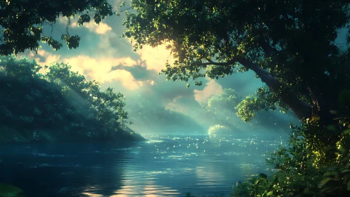 Digital painting of luminous river glade with atmospheric light.