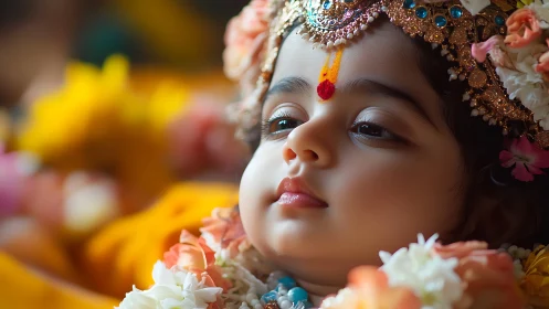 Gentle child in festive floral crown resting in calm light.