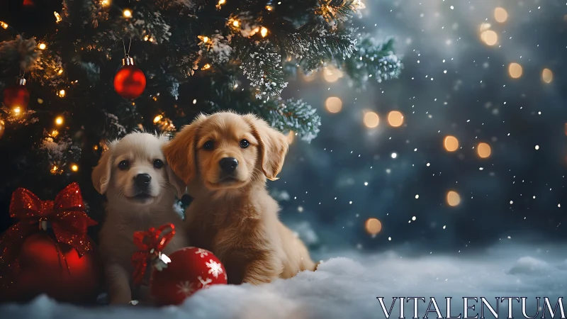 Golden puppies under illuminated Christmas tree bokeh.