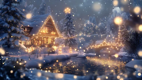 Snowy winter cabin with river and glowing holiday lights.