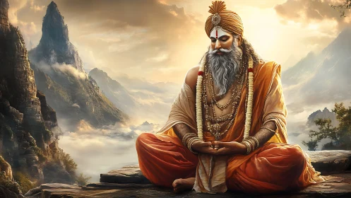 Bearded sage in orange robes meditating in misty mountains.