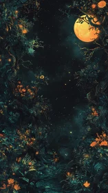 Luminous moonlit forest corridor under deep teal night sky.