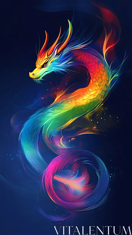 Radiant rainbow dragon coils through luminous cosmic night.