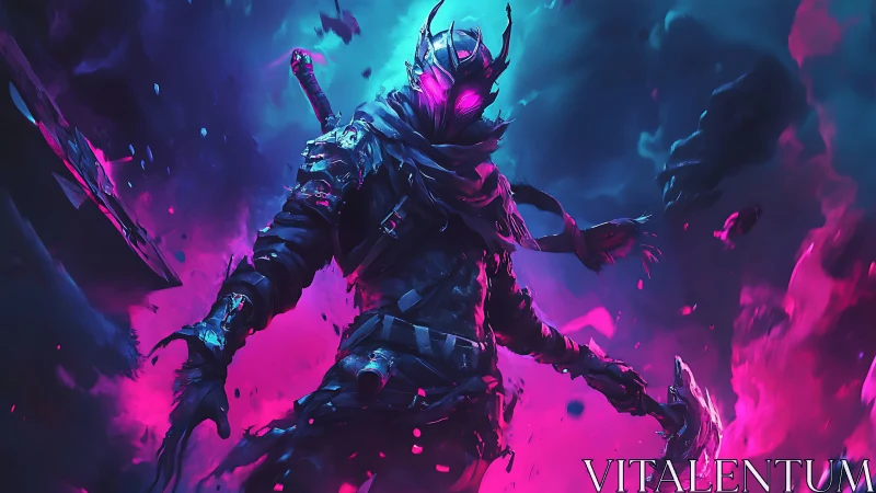 Neon shadow warrior rising through swirling cosmic fire.