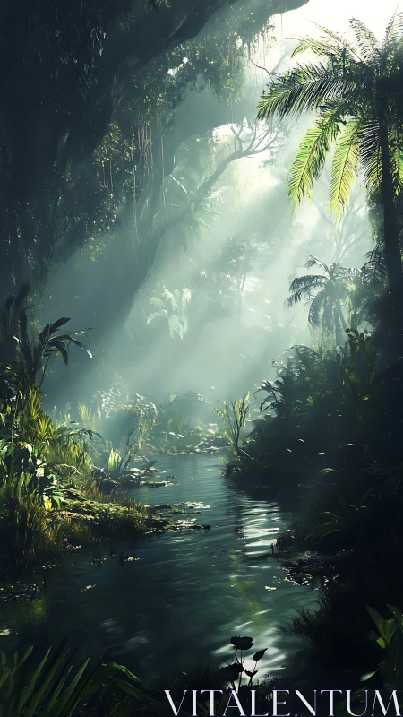 Mystical Jungle Stream. Ethereal Light Through Tropical Canopy.