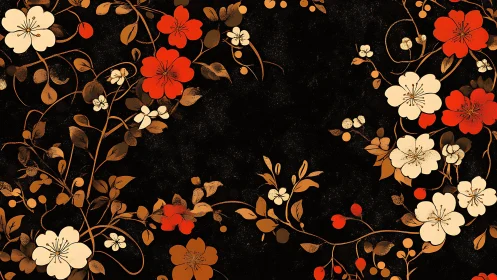Ornamental Floral Branches Against Black Background.