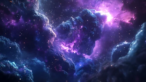 Luminous violet nebula envelops dense cosmic cloud forms