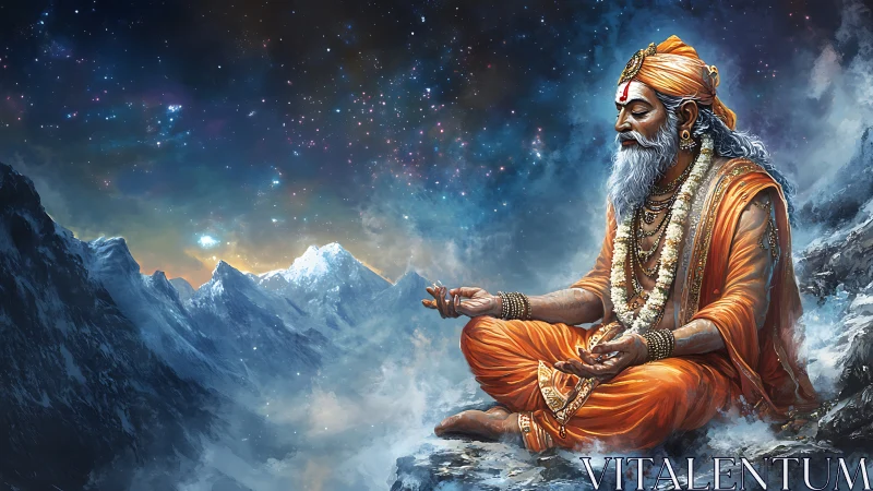Mystic sage meditating in luminous Himalayan starlight.